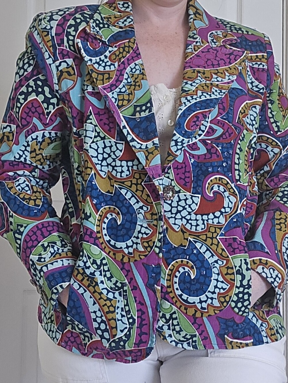 Vintage Corduroy Sequin Multicolor Paisley Blazer Jacket Statement Piece